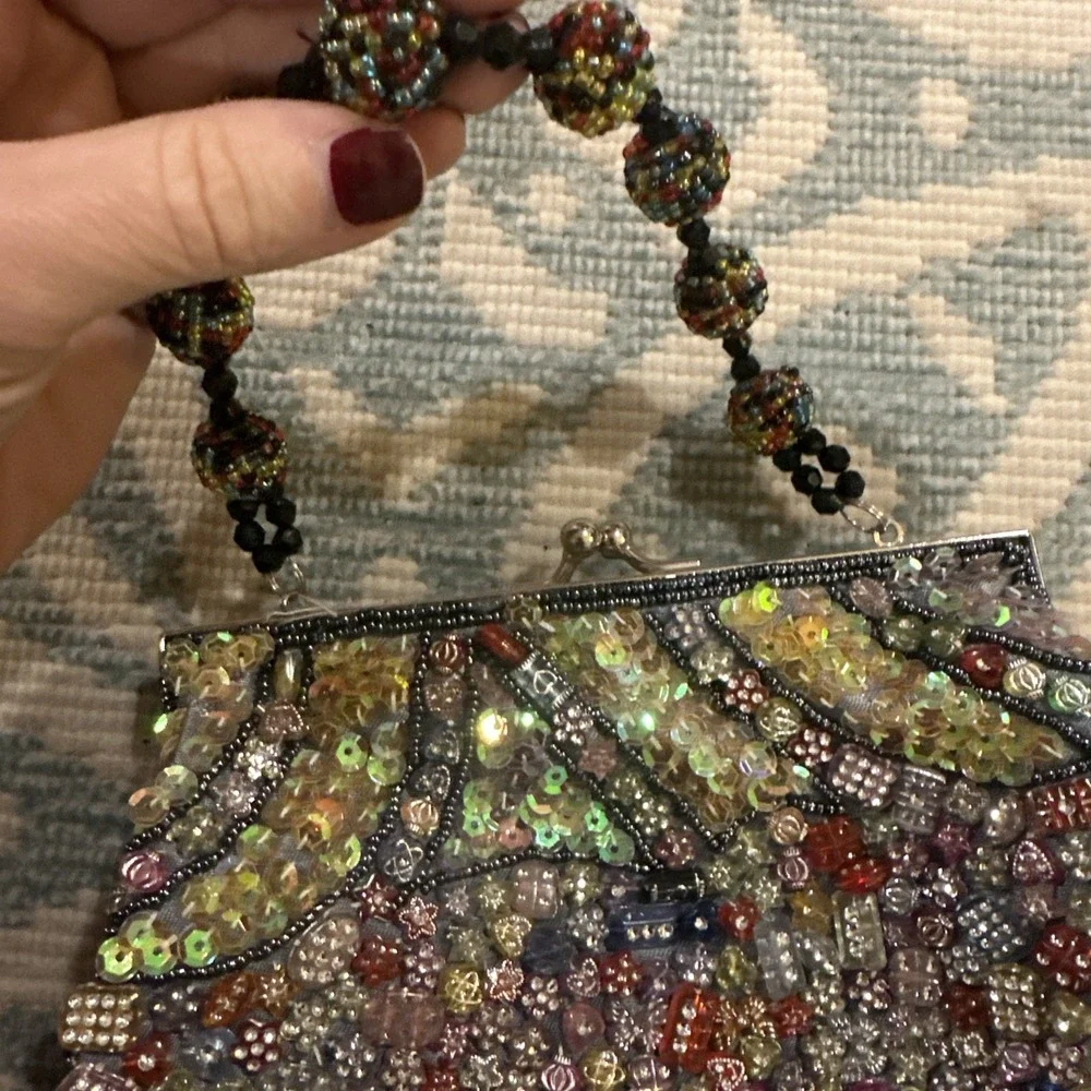 Vintage Colorful Beaded Handbag Black Fabric Satin Lining Multicolored Beads‎